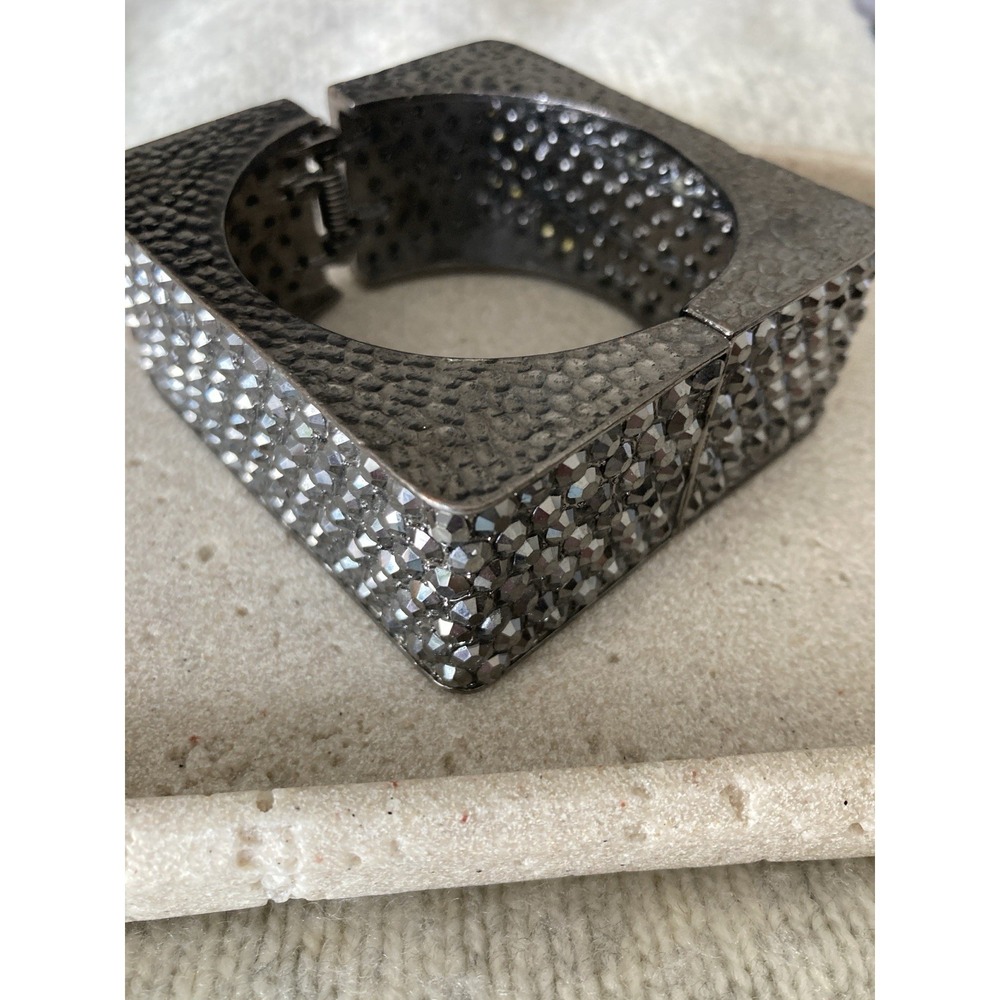 Gunmetal Rhinestone Square‎ Hinged Bangle Bracelet Hammered Wide Statement